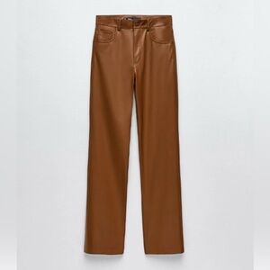 Zara Women’s Full Length Brown Faux Leather Straight Leg Pants